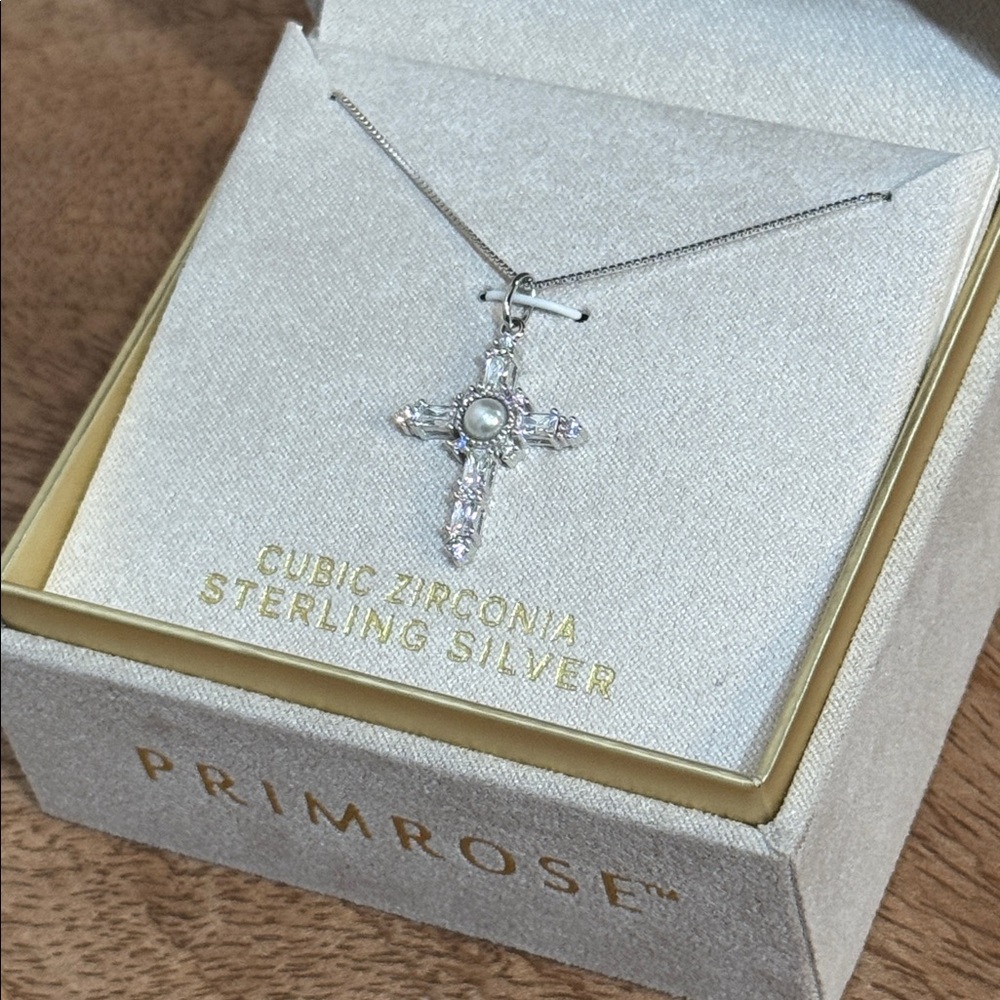 Sterling Silver Chain Necklace with CZ Cross Pendant Charm with Pearl